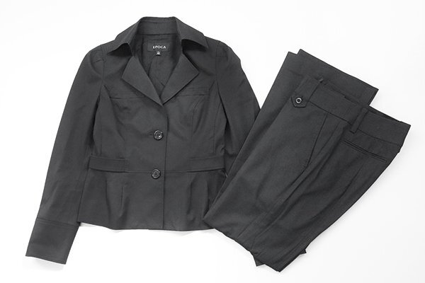 EPOCA 上下 セットアップ スーツ 黒 サイズ40 ◆ ストレッチ テーラード ペプラム ジャケット フレア パンツ エポカ ◆714/MU24拍卖