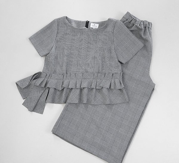 LANVIN en Bleu ◆千鳥格子チェック 上下 セットアップ グレー系 半袖 ブラウス ウエストゴム ワイドパンツ ランバン オンブルー ◆MU24拍卖