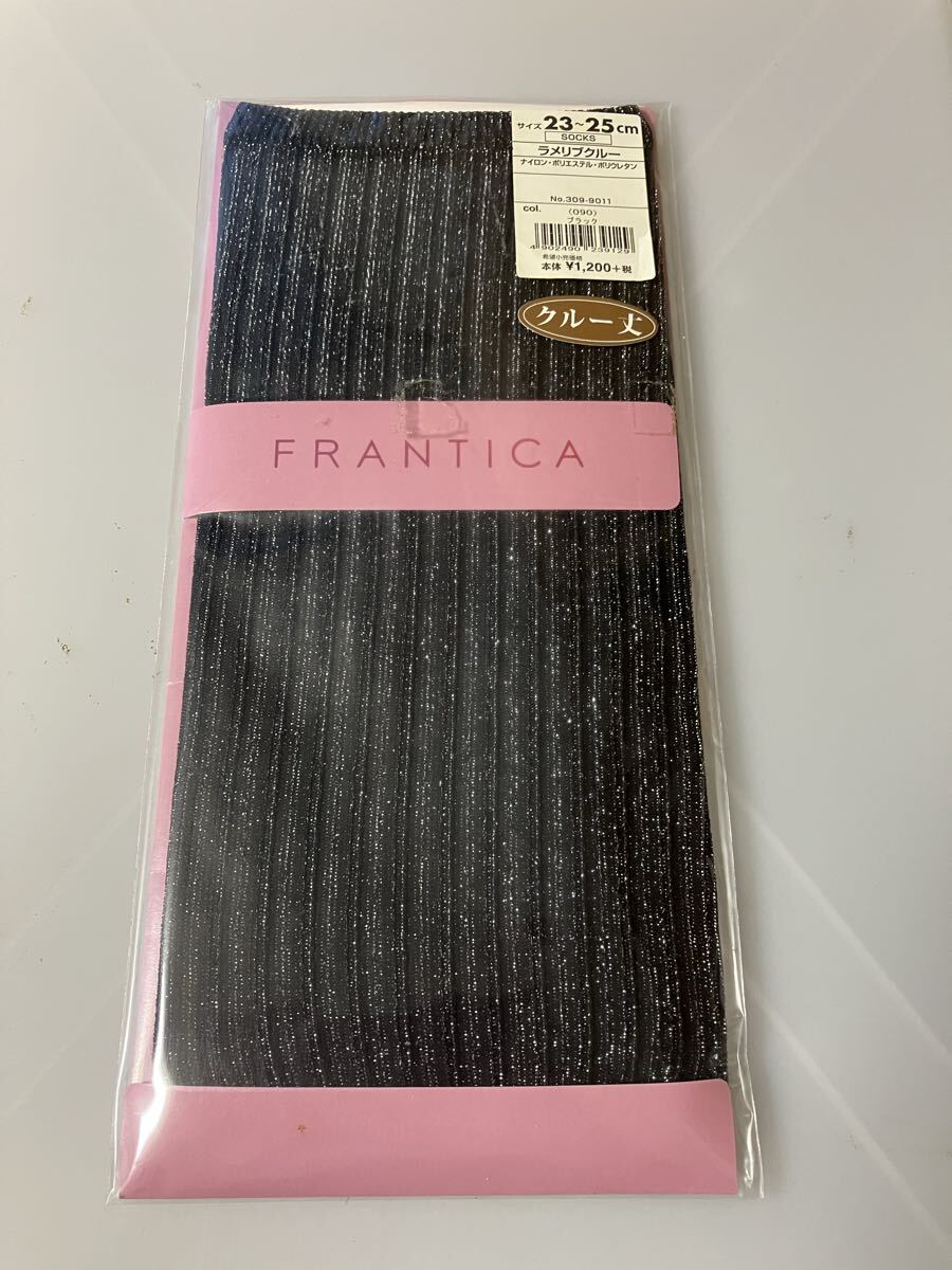 【送料無料】 福助 frantica ラメリブクルー socks ブラック fukuske 光沢 ソックス 黒 クルー丈 crew ソックス フランティカ 靴下 23-25cm拍卖