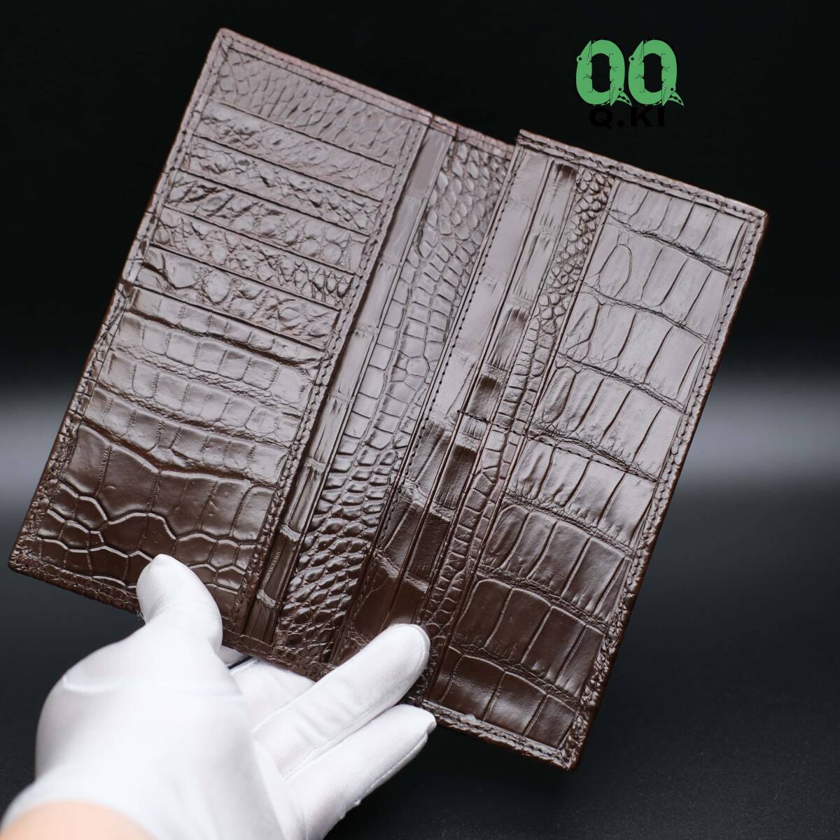 厳選 実物撮影 クロコダイル 内外総ワニ革 財布 無双一枚革 腹革使用 二つ折り 長財布 本物保証 センター取り 焦げ茶色 No.63157拍卖