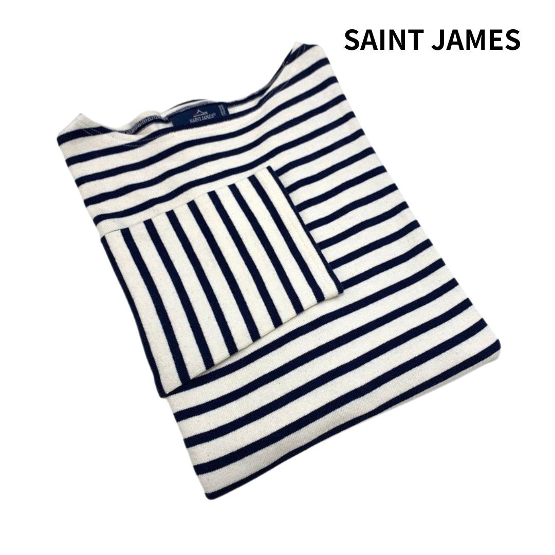 【新品】SAINT JAMES セントジェームス OUESSANT BORDER ウェッソン・ボーダー コットン ボートネック プルオーバー ネイビー size:7/LXL拍卖