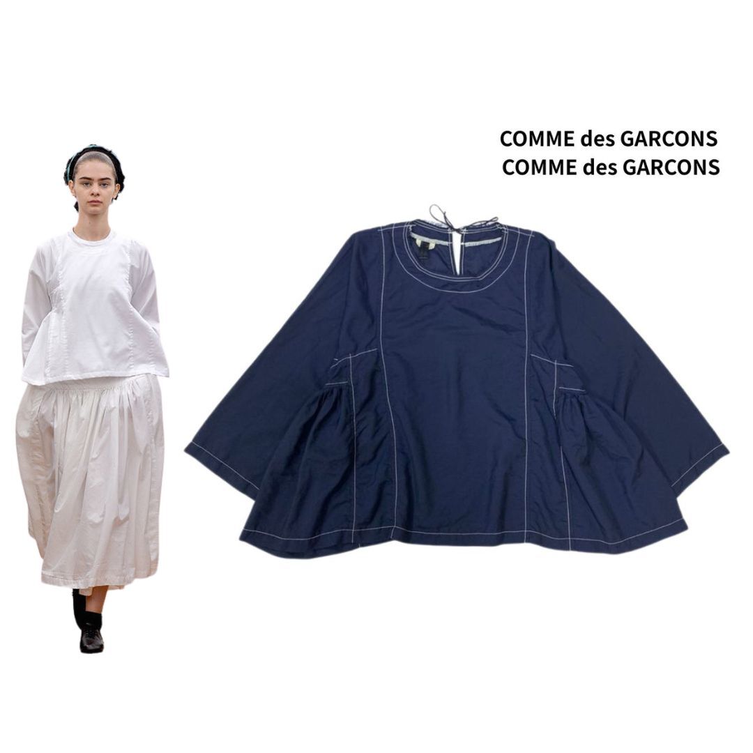【美品】COMME des GARCONS COMME des GARCONS コムコム コムデギャルソン ステッチ フレア ドルマン ギャザー ブラウス 紺 size:S/シャツ拍卖