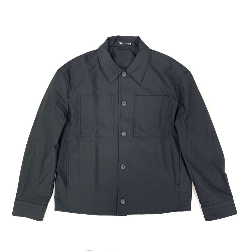 ZARA ザラ BOXY FIT OVERSHIRT オーバーシャツ ポケット シャツジャケット ブラック 黒 メンズ size:M/ジャケット ブルゾン ボックス拍卖