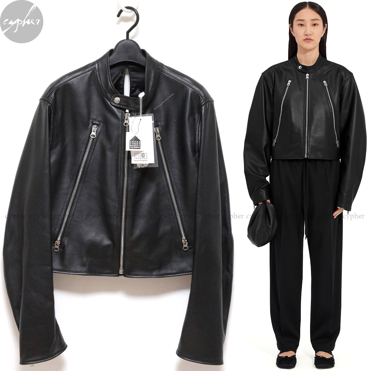 新品 25SS MM6 Maison Margiela 5ZIP TWIST レザー ジャケット 42 46 ブラック エムエムシックス メゾンマルジェラ ハの字 ライダース 黒拍卖