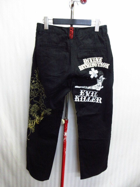 抜刀娘 和柄刺繍パンツ メンズM 黒 和柄デザインパンツ 刺繍デザイン コットンパンツ トラウザーパンツ トラウザーズ チノパン 08294拍卖