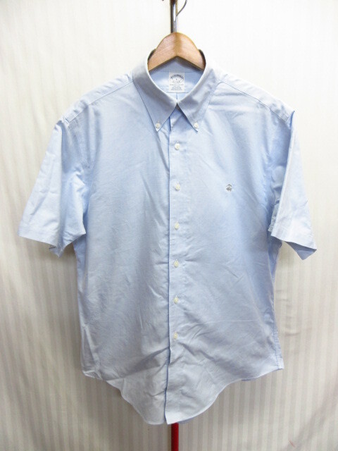 ブルックスブラザーズ 半袖ボタンダウンシャツ メンズL ロゴ刺繍ブルーシャツ NON-IRON 形態記憶シャツ オックスフォードシャツ09021拍卖