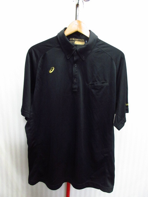 アシックス GOLDSTAGE ポロシャツ メンズ2XO XXXL 黒ゴールド刺繍スポーツシャツ ベースボールシャツ ユニフォーム 練習着 09123拍卖