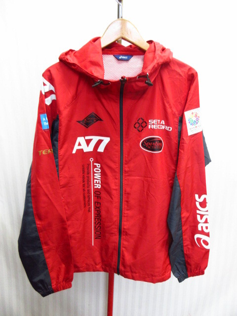 アシックス A77 フード付きジャージトップ メンズL 赤 ナイロンパーカー トラックジャケット トラックトップ ウインドブレーカー 09173拍卖
