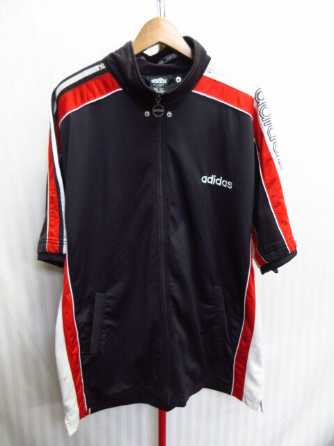 アディダス 90s00sヴィンテージ 半袖ジャージトップ メンズL 黒赤白 ロゴ刺繍トラックジャケット トラックトップ スポーツブルゾン09243拍卖