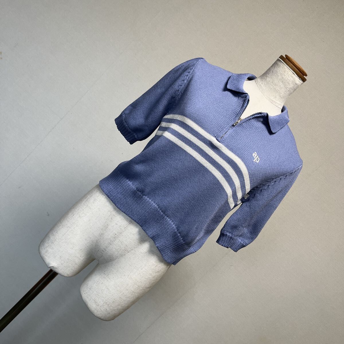 9-7新品 APPRTE PAR LES MARCHES アポルテパーレマルシェ ライン入ハーフジップ半袖ポロニットショートニットシャツ襟付き 9号 M拍卖