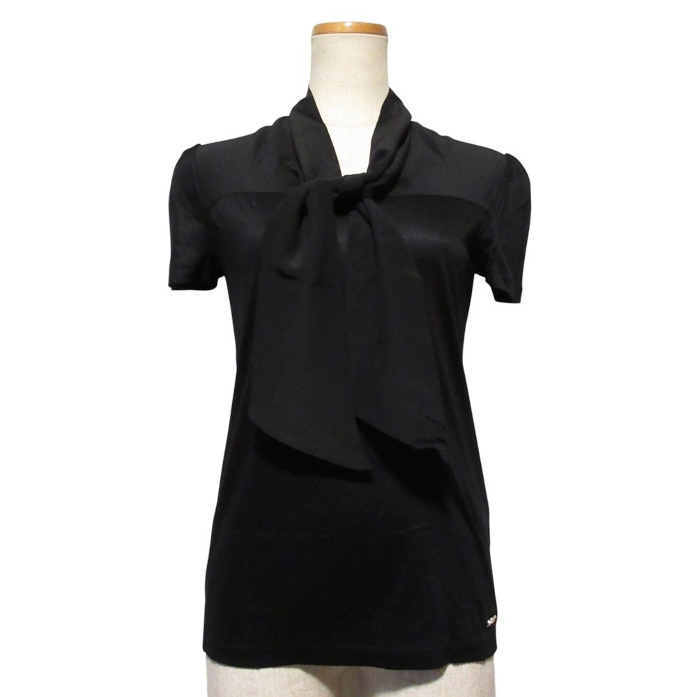美品 クリーニング済み Salvatore Ferragamo サルヴァトーレフェラガモ シルク リボン ショートスリーブ カットソー S ブラック拍卖