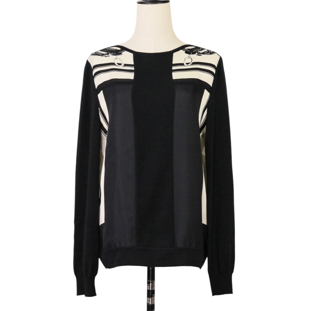 良品 HERMES エルメス BRIDES de GALA ツイルレーヌ シルクウールニット ブラウス サイズ38 ブラック拍卖