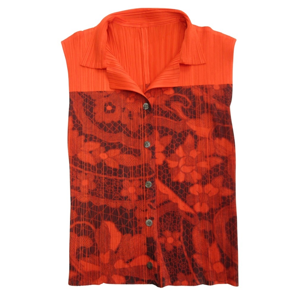 新品同様 90's PLEATS PLEASE プリーツプリーズ イッセイミヤケ ノースリーブ プリーツ シャツ カットソー 総柄 ヴィンテージ 3 赤 レッド拍卖