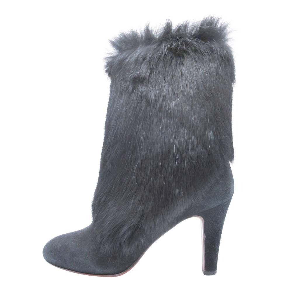 美品 ANTEPRIMA アンテプリマ ファー スエード ショートブーツ 8cmヒール 本革 シューズ 靴 23.5 黒 ブラック拍卖