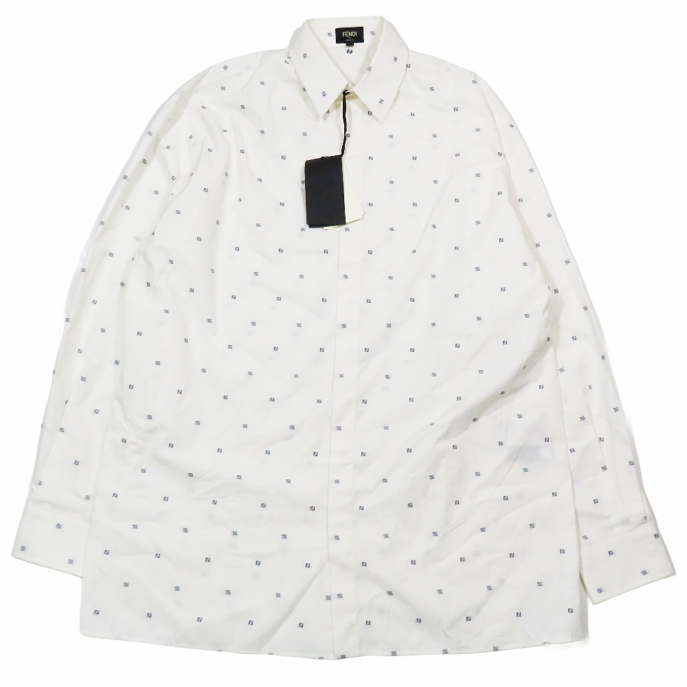 未使用 2021年製 FENDI フェンディ FFロゴ ズッカ 総柄 刺繍 シャツ ブラウス 長袖 カットソー 40 ホワイト拍卖