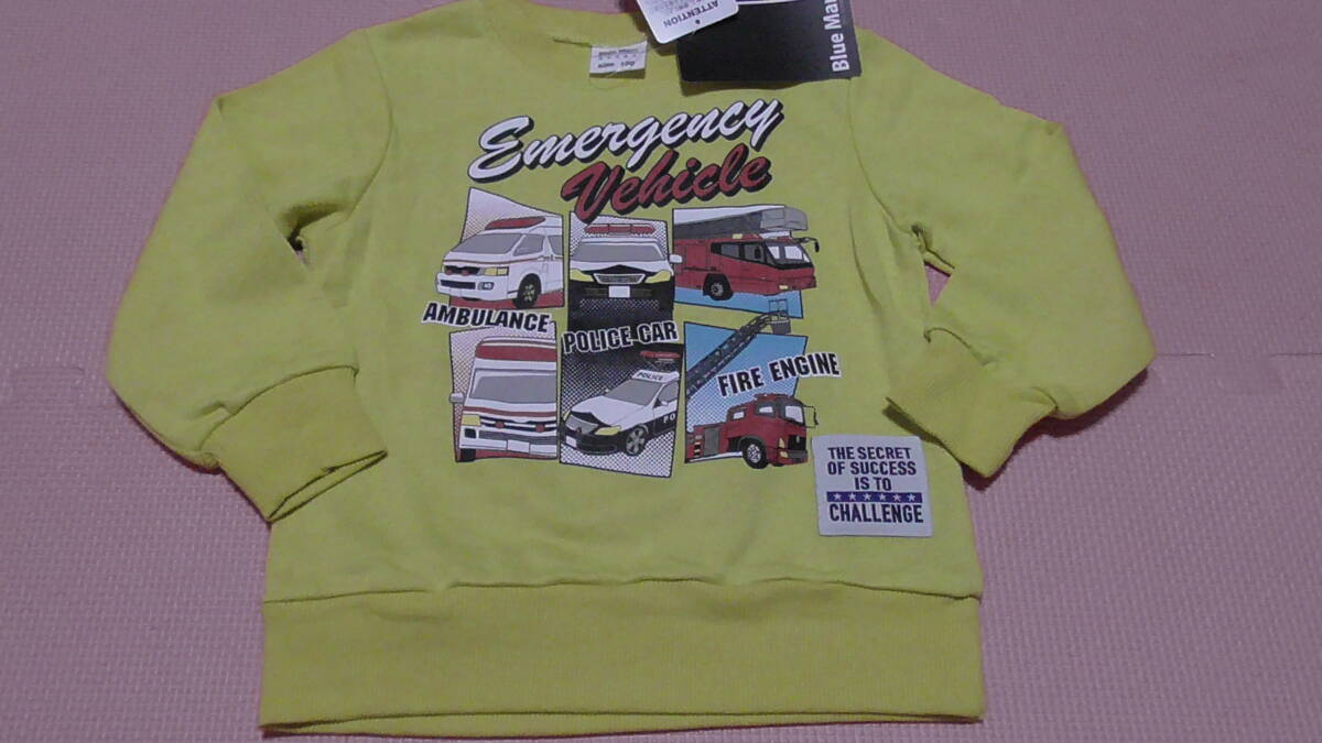 新品 100 働く車柄 長袖トレーナー 黄色 パトカー 消防車 救急車 警察 パトロールカー 緊急車両 双子 兄弟 男の子 秋物 春物 95~ 送料無料拍卖