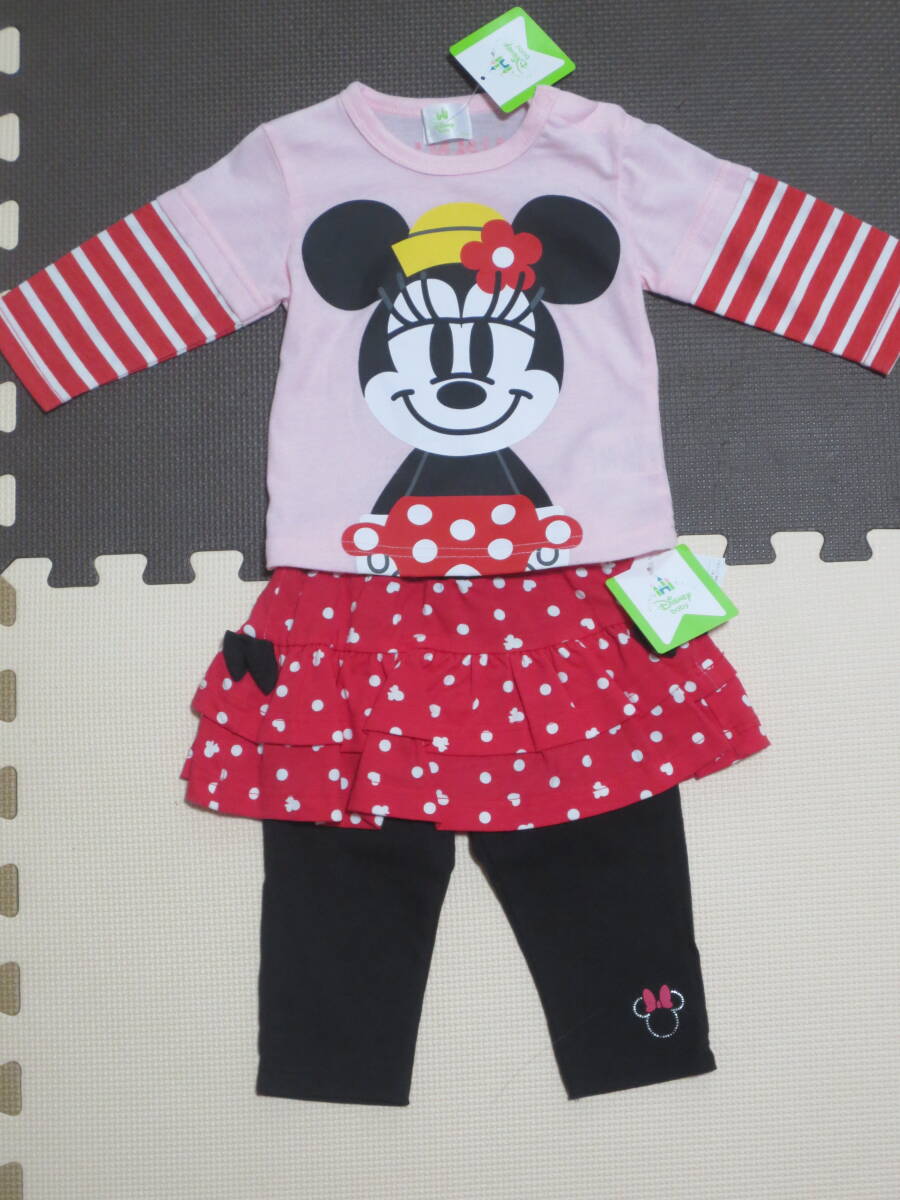新品 70 ミニーマウス 上下セット 長袖Tシャツ スカッツ ハーフバースデー 女の子 スカート付きレギンスパンツ ディズニー 60cm〜 送料無料拍卖