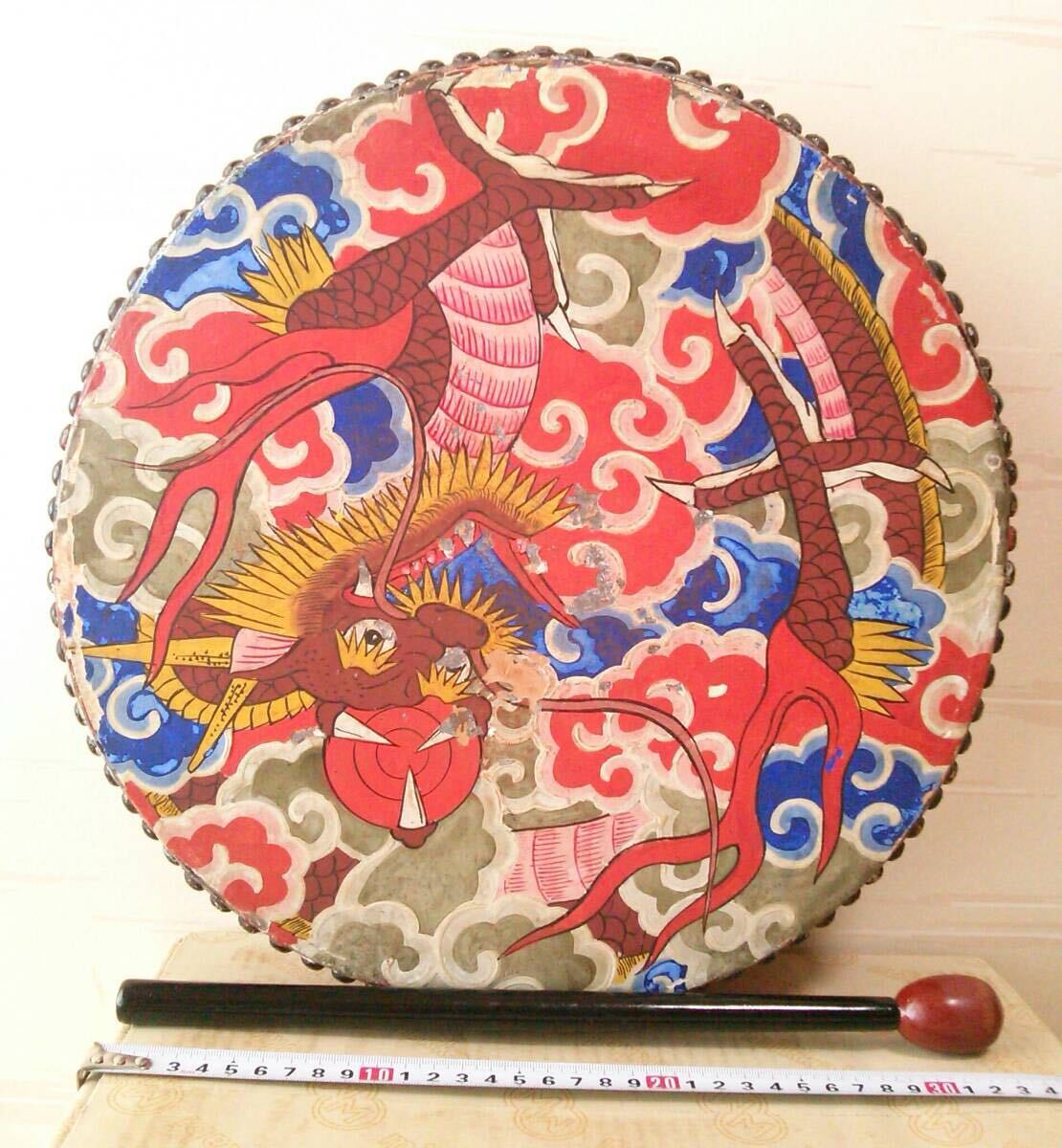 ◆懺法太鼓 せんぼうだいこ◆雲龍彩色仕上げ◆黒塗り頭朱色ばち付き◆直径1尺2寸厚み3寸◆鳴り物◆寺用太鼓◆仏具◆法要◆拍卖