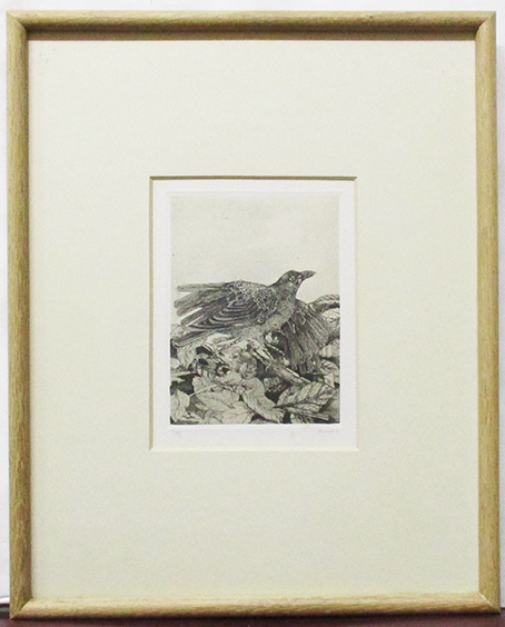小浦昇『カラス』銅版画 ed.14/25. 鉛筆サイン 額、箱付き 日動画廊シール拍卖