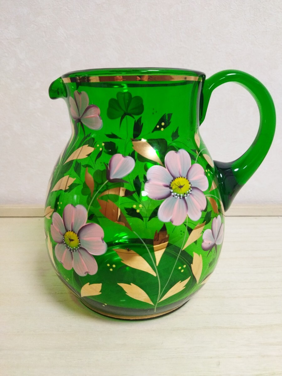 ※ ボヘミアグラス ピッチャー 水差し ボヘミアングラス グリーン BOHEMIA Glass ※拍卖