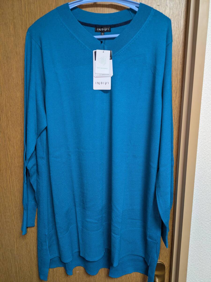 INDIVI 昨季新品 ロイヤルブルー レーヨン混 長袖Vネックストレッチカットソー 大きいサイズ 13号 12号 XLL ストレッチニット チュニック丈拍卖