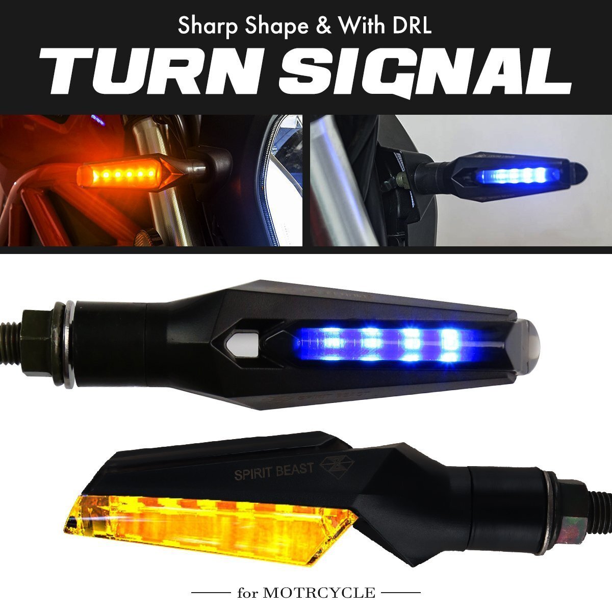 バイク汎用 LED ウインカー ブルー DRL マーカーランプ付き シャープボディタイプ ネジ部 M10 左右セット FZ296-B拍卖