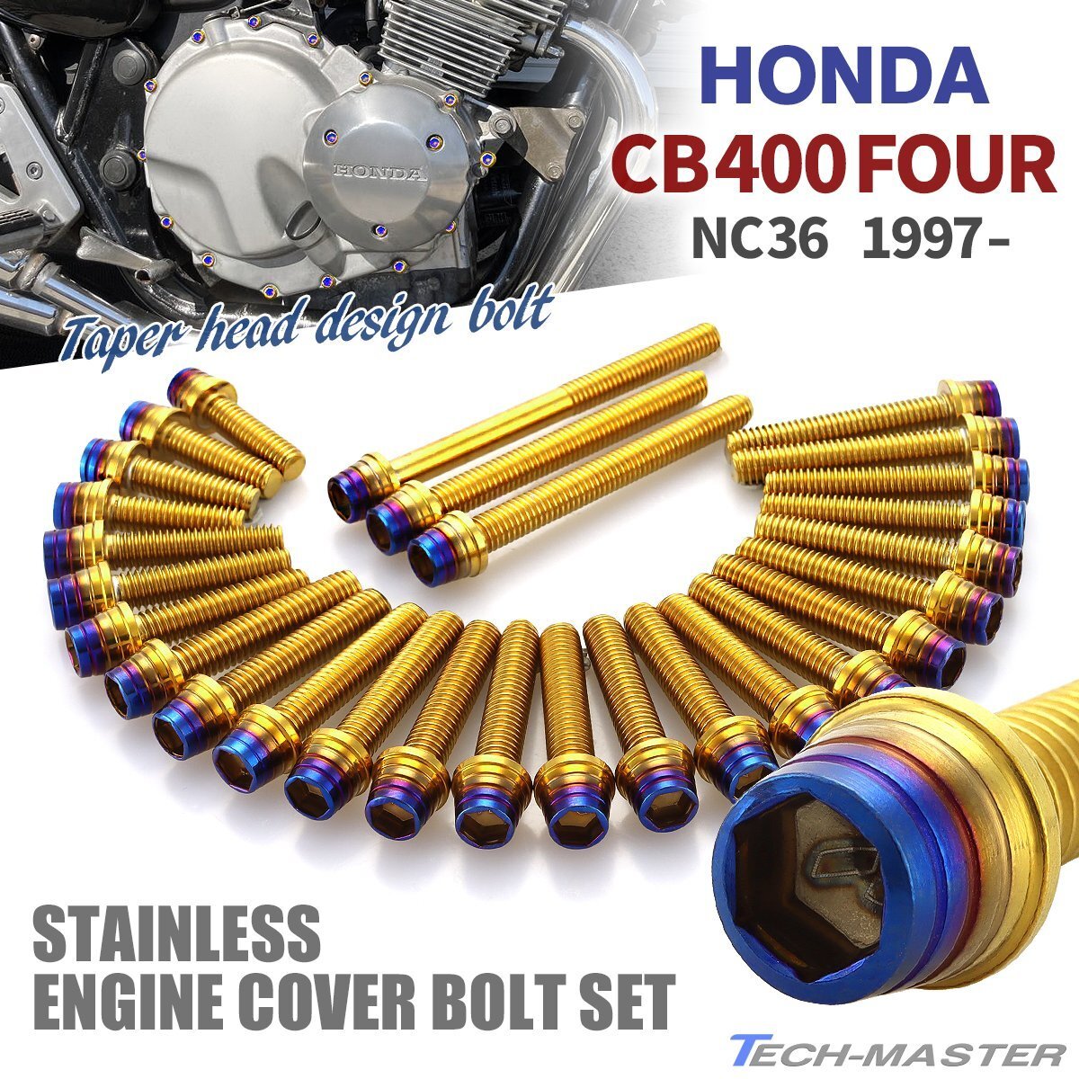 CB400FOUR NC36 1997年~ 水冷 エンジンカバー クランクケース ボルト 28本セット ステンレス製 ゴールド×焼きチタンカラー TB12032拍卖