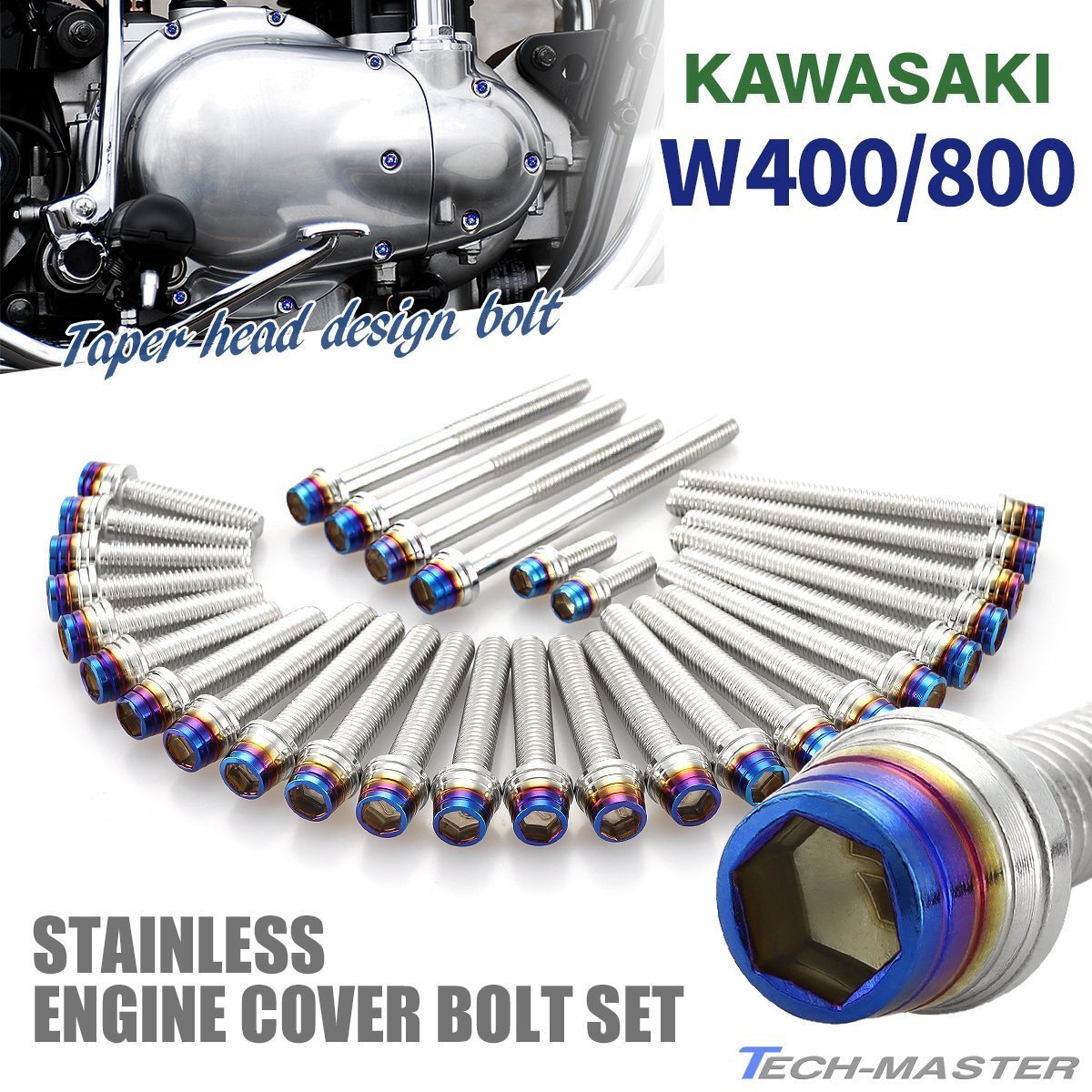 W400 W800 エンジンカバーボルト 30本セット ステンレス製 テーパーシェルヘッド カワサキ車用 シルバー×焼きチタンカラー TB8481拍卖