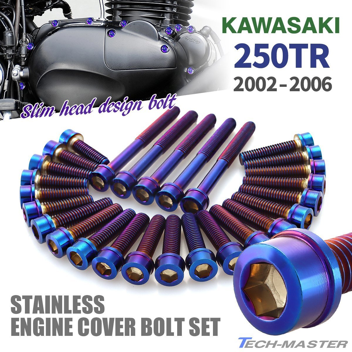250TR 2002年~2006年 エンジンカバーボルト 27本セット ステンレス製 スリムヘッド カワサキ車用 焼きチタンカラー TB8263拍卖
