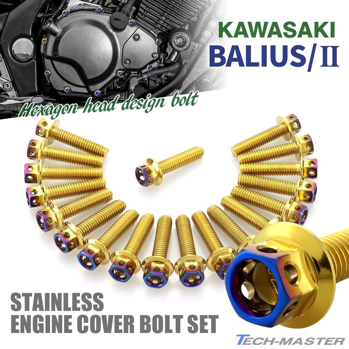 バリオス/II BALIUS エンジンカバーボルト 19本セット ステンレス製 カワサキ車用 ヘキサゴンヘッド ゴールド×焼きチタンカラー TB8235拍卖