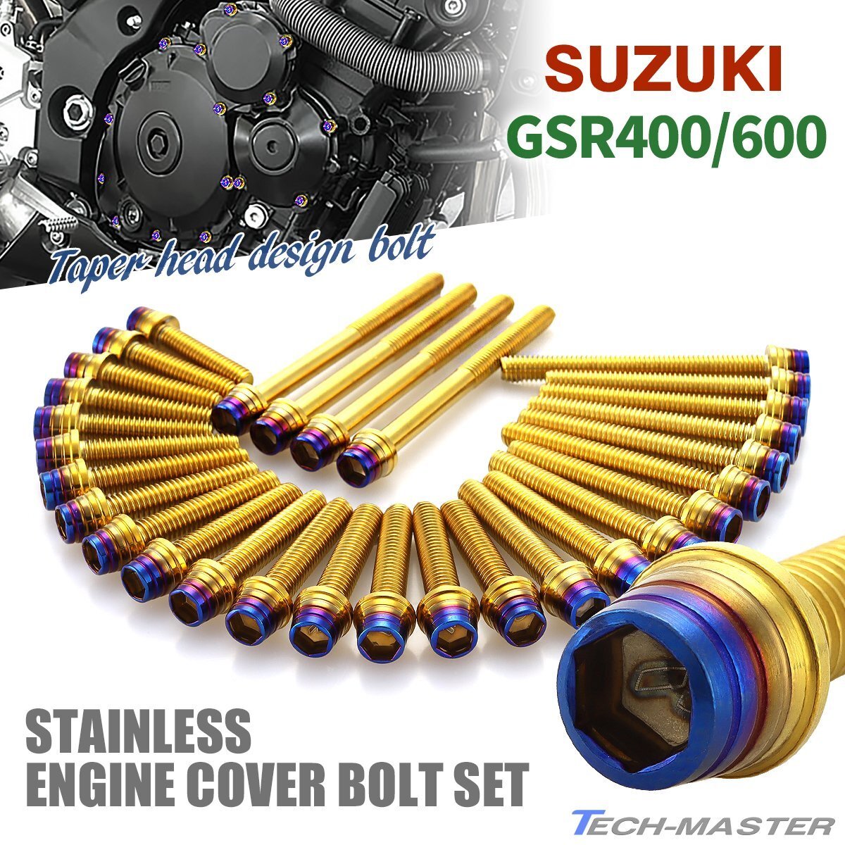 GSR400/600 エンジンカバー クランクケース ボルト 30本セット ステンレス製 テーパーシェルヘッド ゴールド×焼きチタンカラー TB9262拍卖