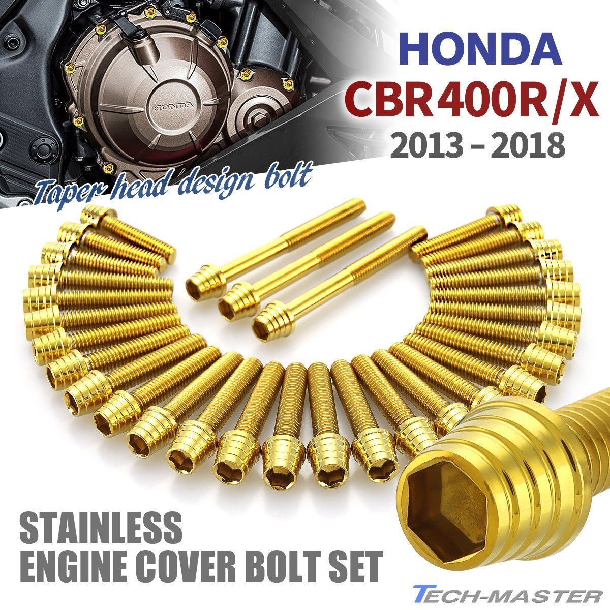 CBR400R/X 13年~18年 エンジンカバー クランクケース ボルト 31本セット ステンレス製 テーパーシェルヘッド ゴールドカラー TB6802拍卖