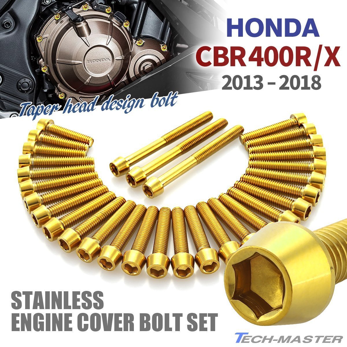 CBR400R/X 16年~18年 エンジンカバー クランクケース ボルト 31本セット ステンレス製 テーパーヘッド ゴールドカラー TB6809拍卖