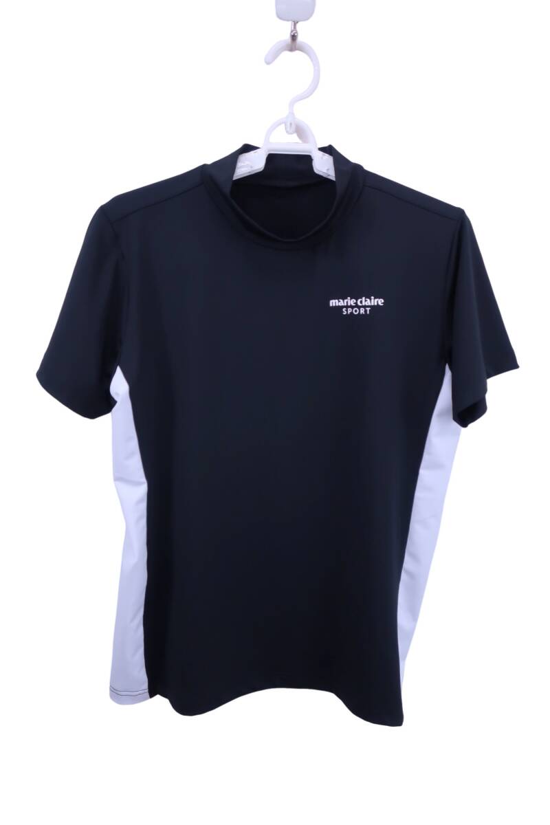 【美品】marie claire sport(マリ・クレール・スポーツ) 半袖モックネックシャツ 黒白 レディース L ゴルフウェア 2509-0237 中古拍卖