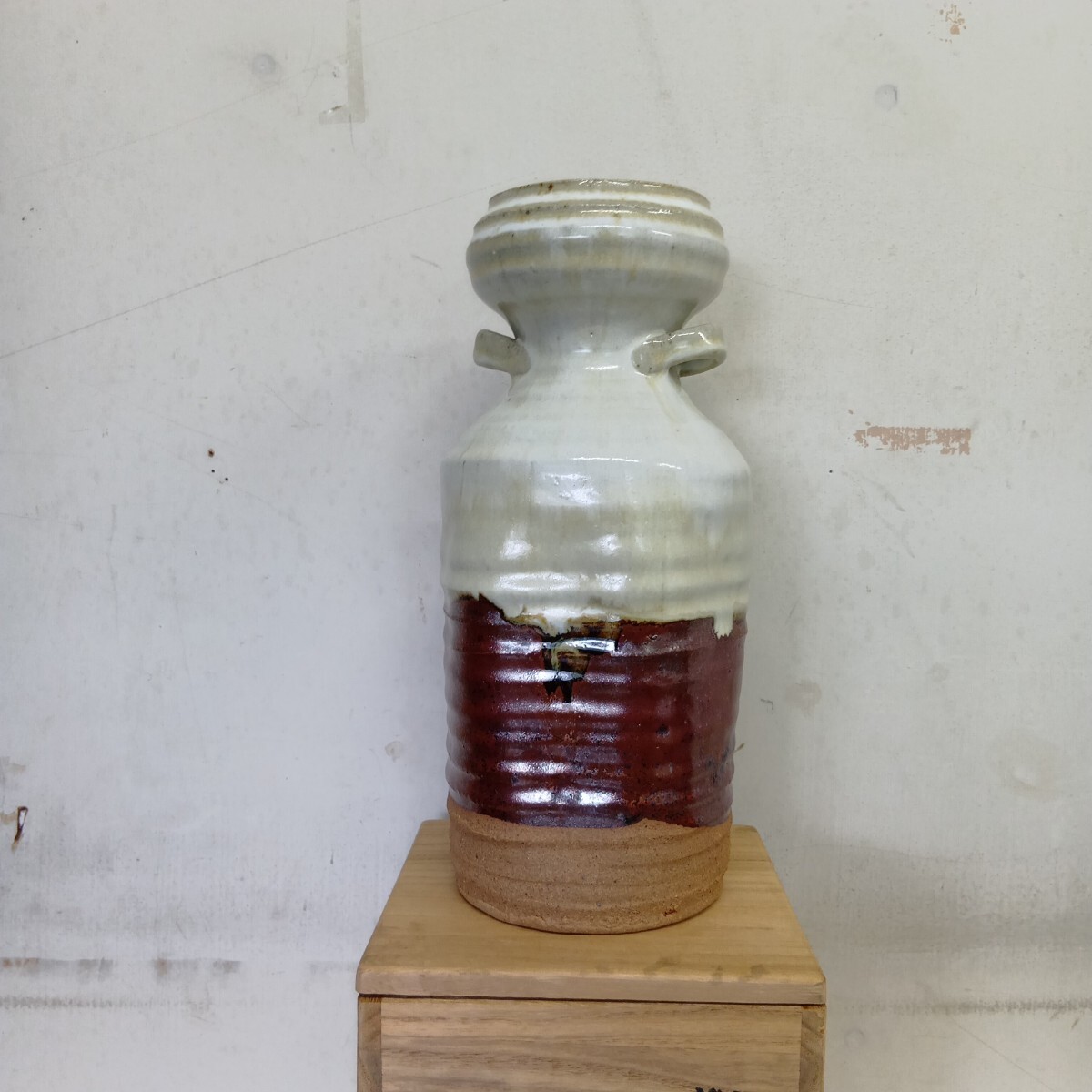 唐津焼 朝鮮唐津花入 双耳 共箱 茶道具 未使用 保管品 在銘 英夫 本物保証品拍卖