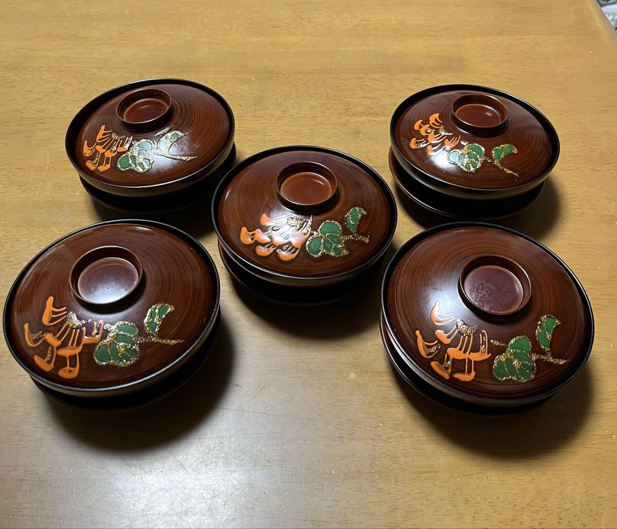 ☆ 和食器 吸物椀 蓋付き 茶托付き 5客セット 昭和レトロ拍卖