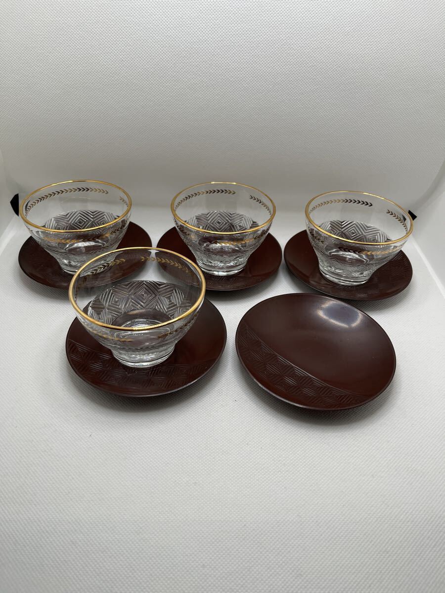 ☆美品 冷茶コップ4客&茶托5枚 食器 ガラス 昭和レトロ拍卖