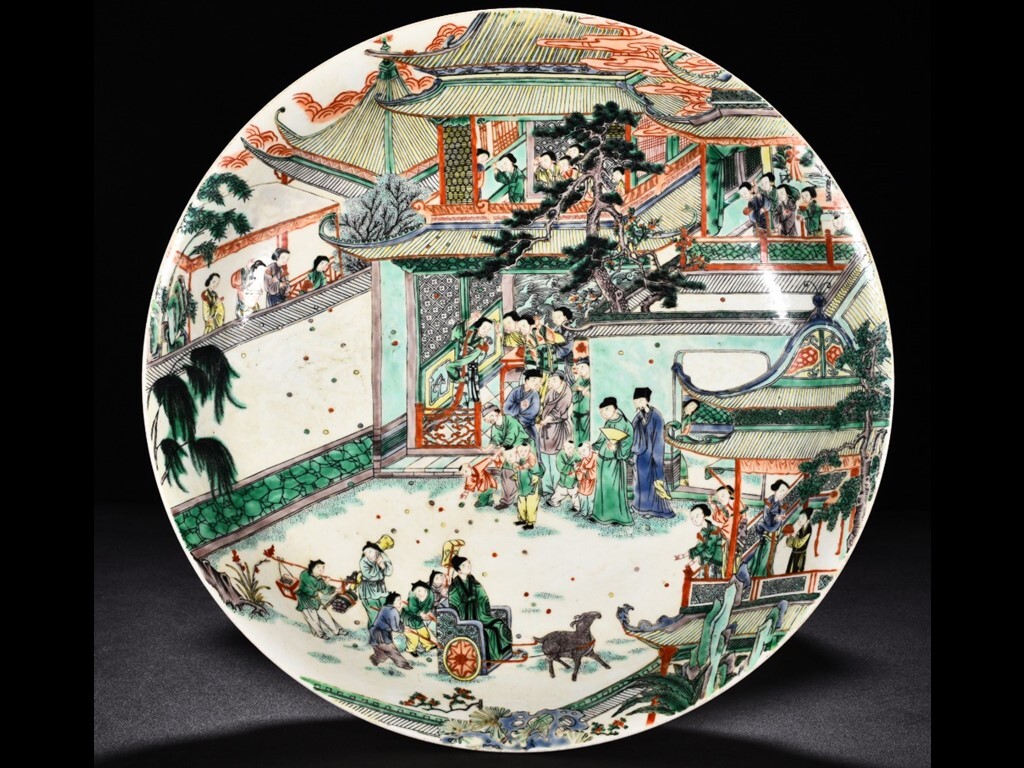 TA357■中国古玩 唐物 大清康熙年製 款 五彩潘安擲果人物紋大盤 時代物 極上品■高さ7.7cm直径42cm■拍卖
