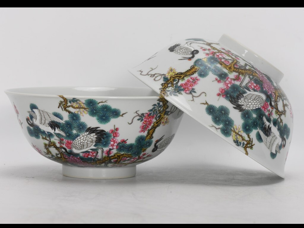YH107■古陶磁器・清雍正年制・琺瑯彩・六鶴同春過枝花卉紋 茶碗 2客 古玩 唐物■高さ7.5m直径17cm■拍卖