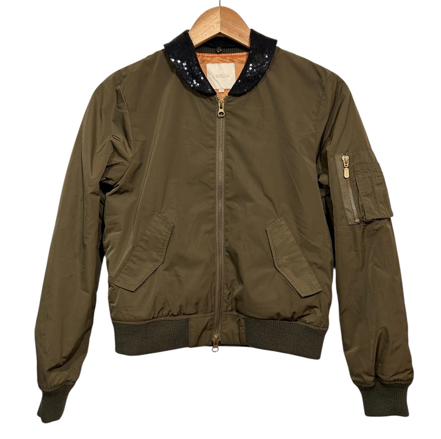★CROLLA クローラ MA-1 ミリタリージャケット 36 カーキ オリーブ スパンコール 襟取り外し拍卖