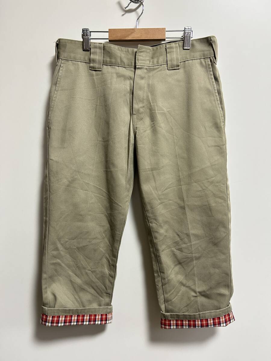 ● Dickies UM891R7 クロップドパンツ ベージュ カーキ ワークショーツ チノ ハーフパンツ W30 チェック柄切替 コットンツイル 半端丈拍卖
