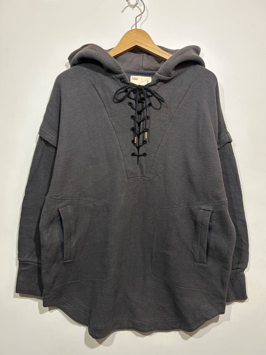 ★ NANO UNIVERSE スウェット 変形 プルオーバー フーディー レースアップクレーターロングトップス パーカー グレー 2 ラウンドカット拍卖