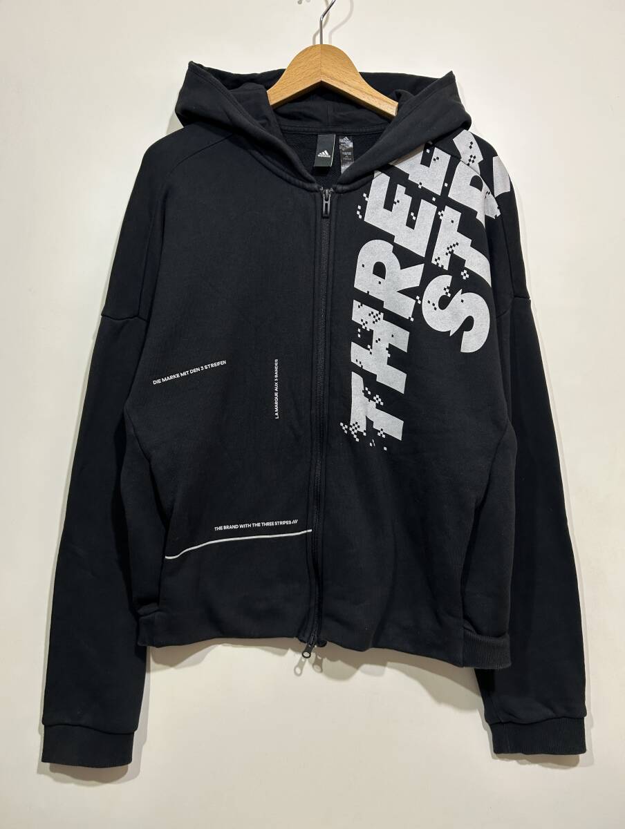 ★ adidas スウェットダブルジップ プリントパーカー フルジップ 黒 ブラック L オーバーサイズ ドロップショルダー Three Stripes 拍卖