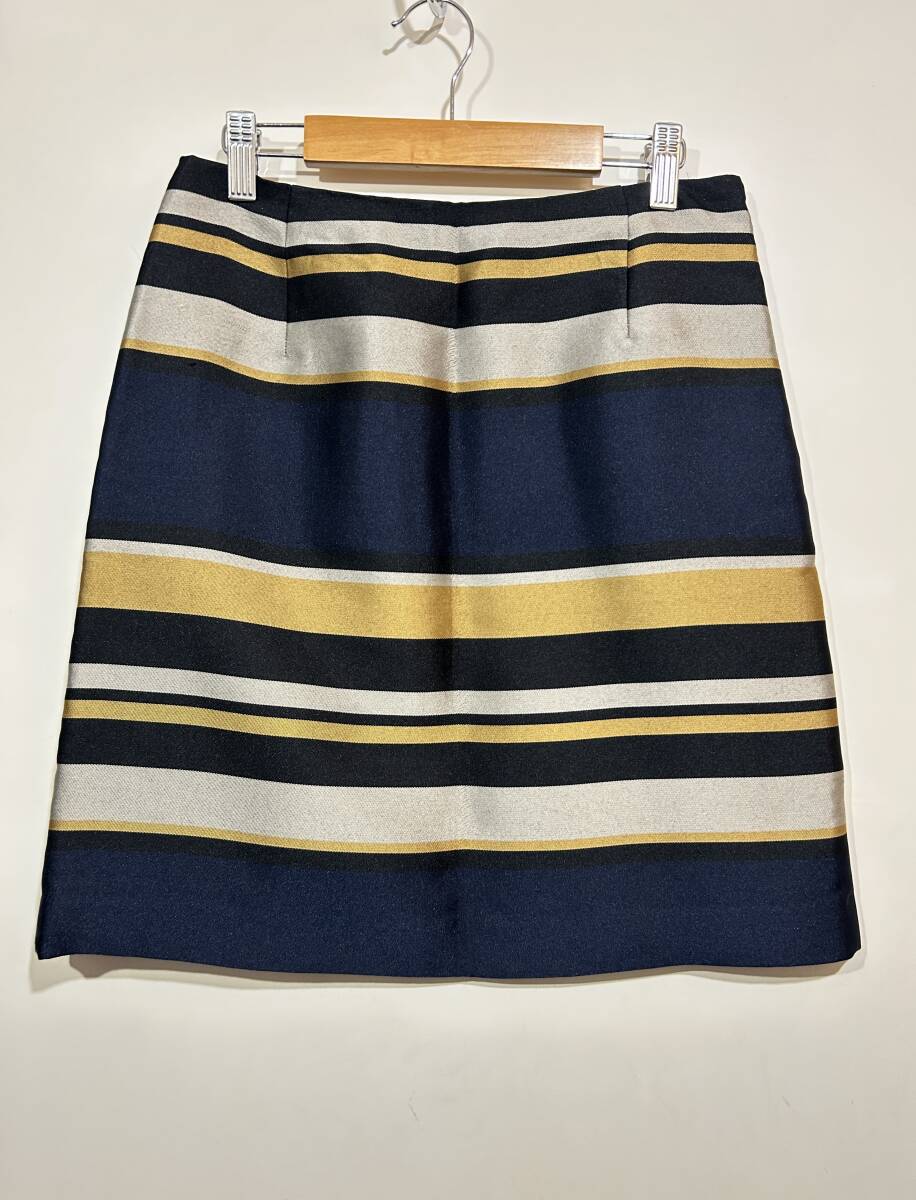 TOMORROWLAND マルチカラーボーダー 膝上スカート 台形 ネイビー イエロー 38 日本製 カジュアル オフィス キレイめ 拍卖
