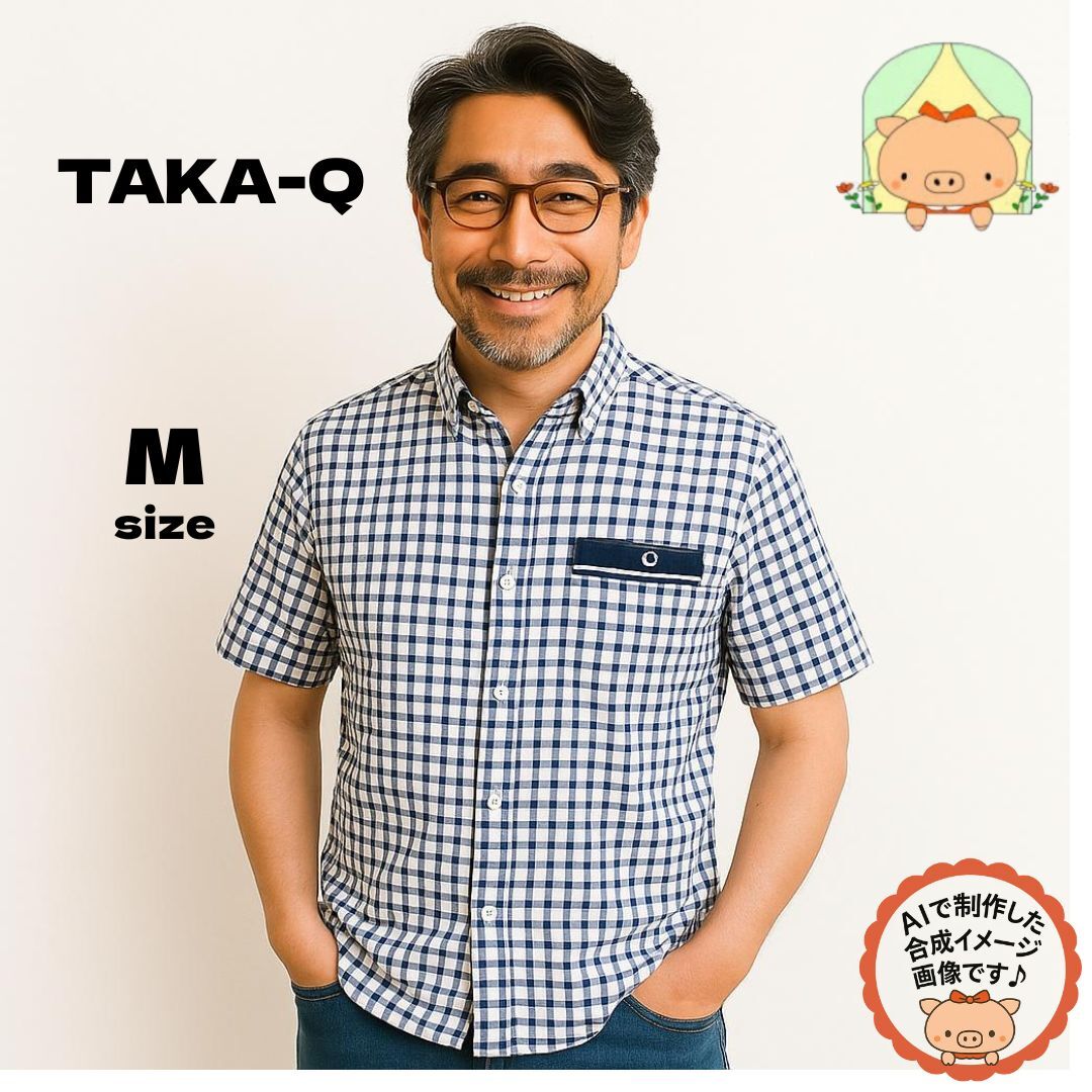 m0070 【美品 TAKA-Q】タカキュー ブルーチェック 半袖シャツ Mサイズ カジュアル フォーマル対応 ボタンダウン 拍卖