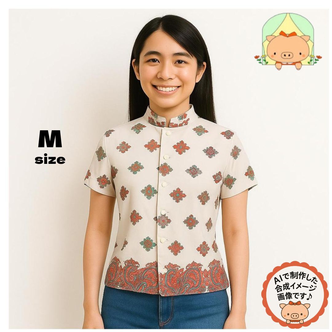 C0725 ソノタセレクト レディース Mサイズ 半袖シャツ 白 ひし形柄 可愛い カジュアル おしゃれ 拍卖