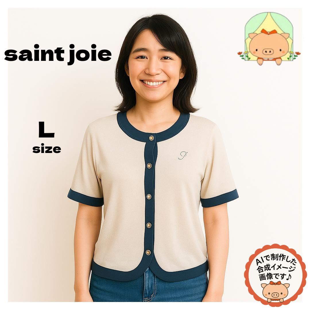 C0779 レディース Saint Joie 半袖ニット 白×紺 Lサイズ キレイめ ボタンデザイン拍卖