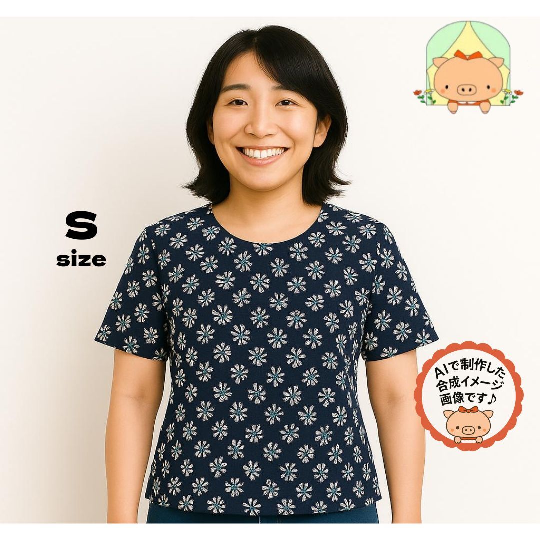 C0279 「ハンドメイド風 デザインTシャツ Sサイズ 半袖 ポケット付き パープルブルー系 総柄 おしゃれ カジュアル レディース」拍卖