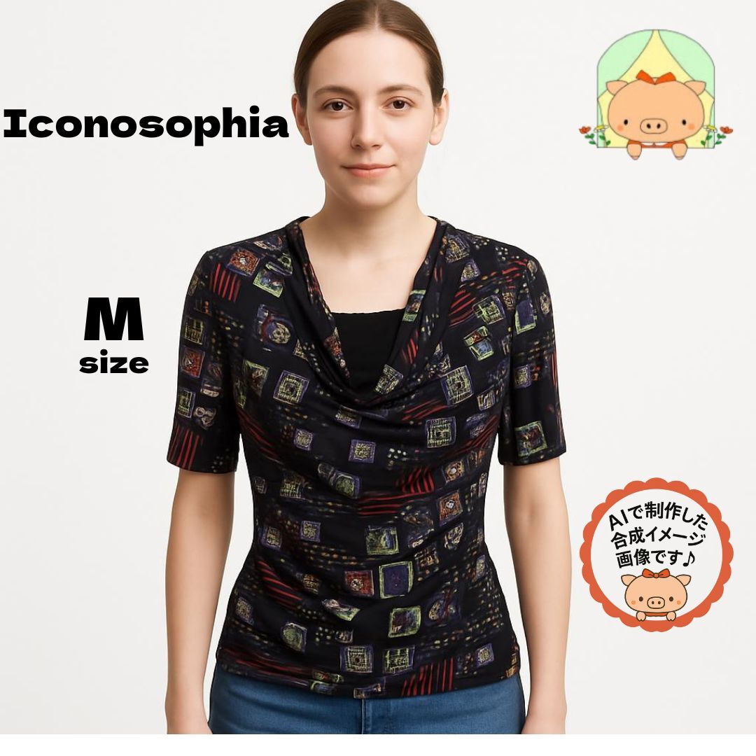 C0745 【美品】Iconosophia イコノソフィア 半袖ブラウス Mサイズ ブラック 個性的 ストレッチ スパンコール柄  #ぷーちゃんサポート拍卖