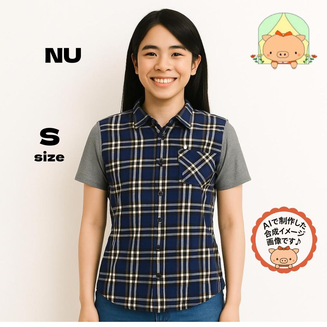 C0772 【美品】NU ヌー チェックポロシャツ Sサイズ ブルー グレー袖 胸ポケット コットン素材 カジュアル #ぷーちゃんサポート拍卖